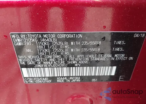 2018 Toyota Rav4 Limited z USA, uszkodzony, nr VIN JTMDFREV5JD242852